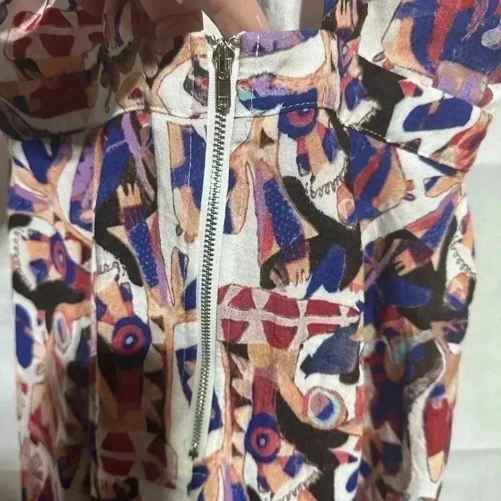 Lulus Sz. M Skater Dress Open Back Halter Neck Geometric Art One Eye Fit & Flare